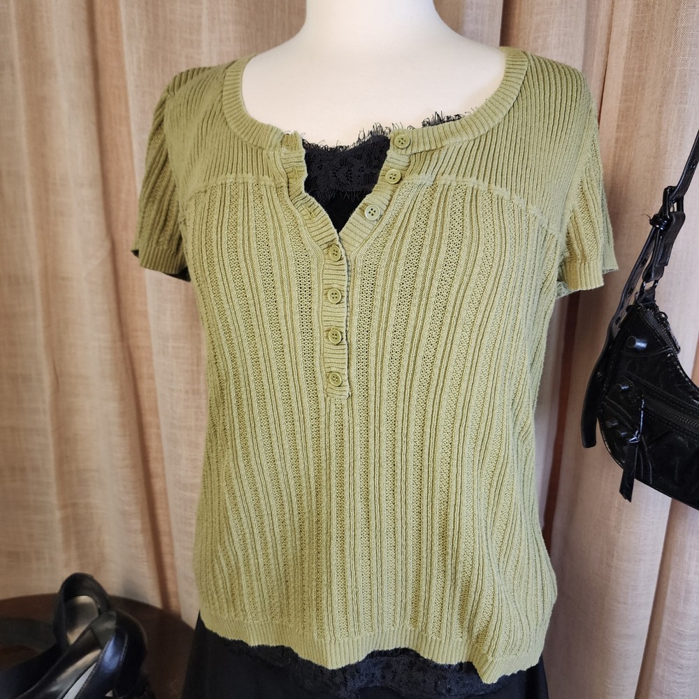 Axcess Liz Claiborne Women XL Cotton Ribbed Henley Top Ivy Green Short Sleeve